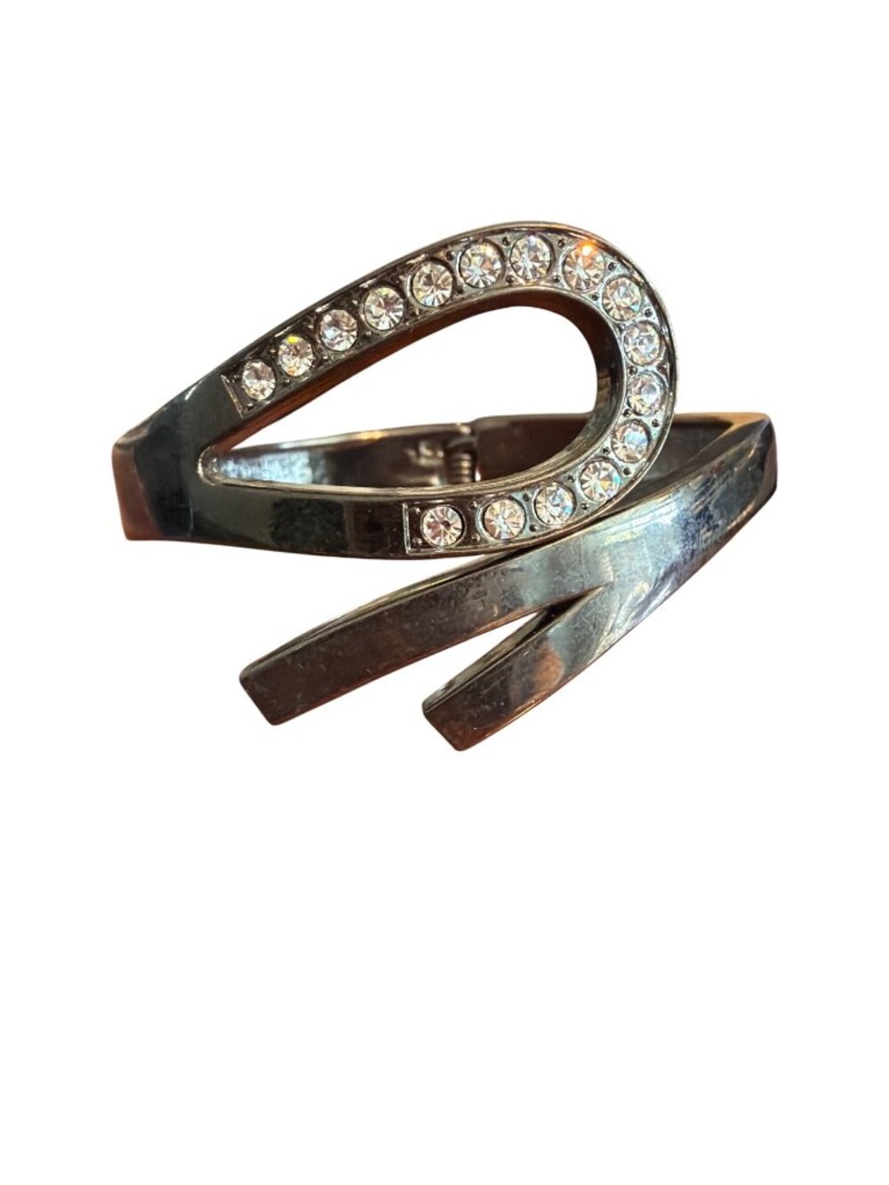 Silver Gunmetal Bypass Hinged Cuff Bracelet Clear Rhinestones Adj 6.5"
